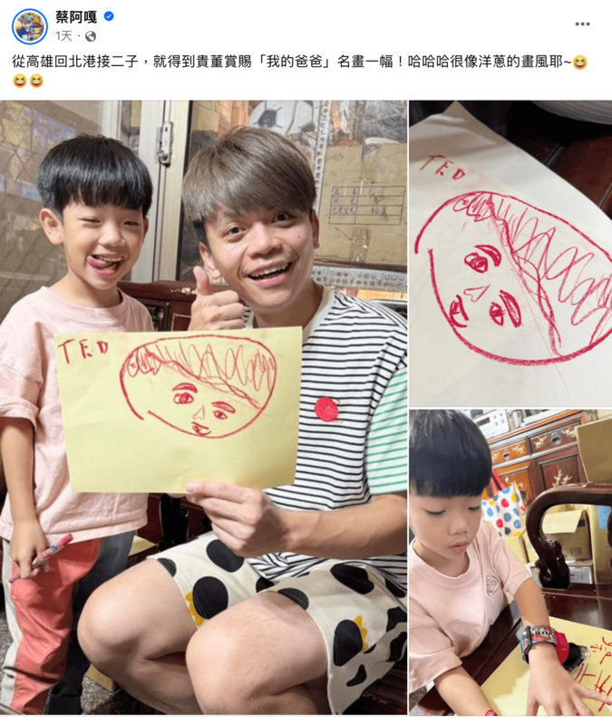 蔡桃貴用紅色蠟筆畫上蔡阿嘎的大頭Q版人像，畫得相當傳神。 圖：翻攝自FB／蔡阿嘎
