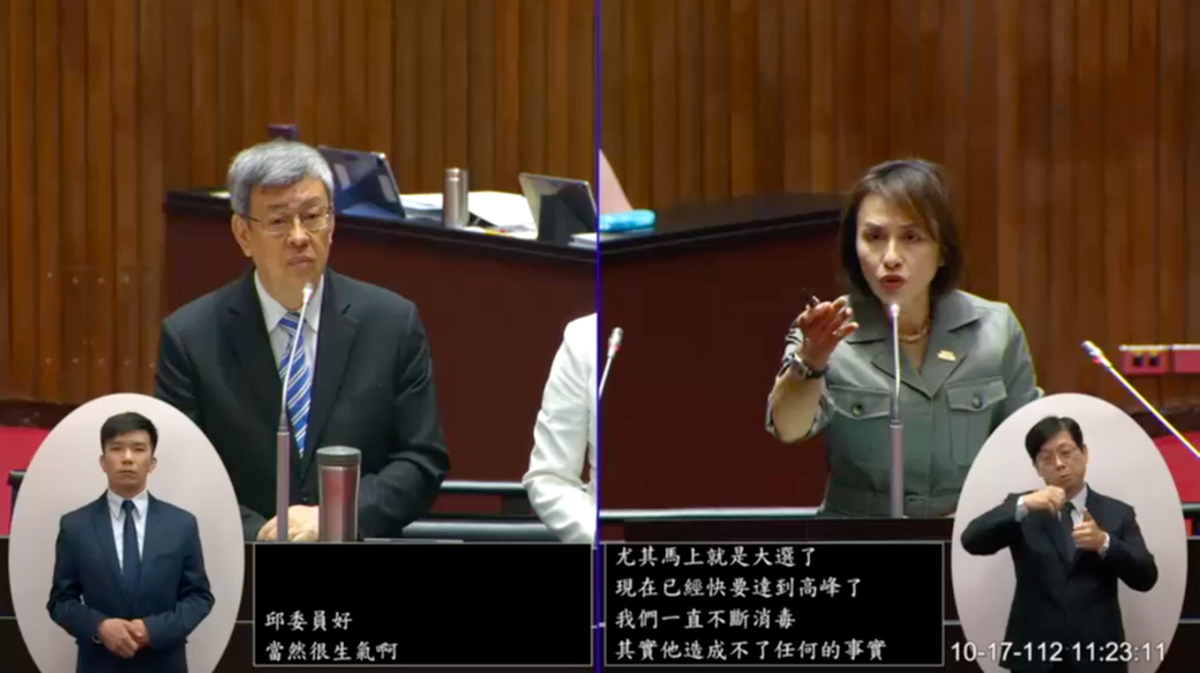 民進黨立委邱議瑩今(17)日質詢行政院長陳建仁要求對認知作戰提告。 圖：翻攝自立法院議事轉播IVOD。