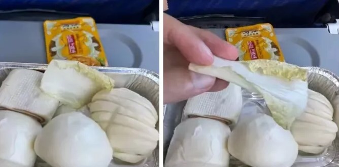 近期有網友發文吐槽說，他乘坐南航某航班時，飛機餐竟是 4 個饅頭和 1 片白菜，外加 1 小包榨菜。 圖：翻攝自微博