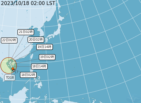 今天凌晨，越南東方海面出現1個熱帶性低氣壓，以每小時15公里的速度向西北西移動，有發展為輕度颱風的趨勢。 圖：中央氣象署／提供