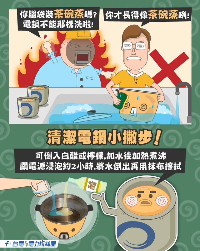 台電公布正確清洗方式，可以加入「白醋或檸檬」，並加水加熱浸泡2小時，正確清洗不僅衛生又省電。 圖：取自台電電力粉絲團