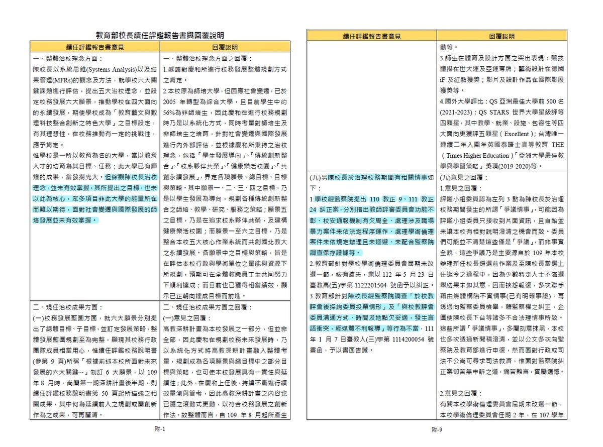 評鑑報告書指出，陳慶和治理校務期間，教師評審委員會功能不彰、校安通報機制有欠周全、處理涉及職場暴力案件未依法定程序運作、處理學術倫理案件未依規定辦理且未迴避、未配合監察院調查保存證據；且經監察院調查，存有「於校教評會後探詢委員投票情形」及「與校教評會委員溝通方式、時間及地點欠妥適，發生言語衝突，經媒體不利報導」等不當行為，遭書面告誡。 圖：截自〈國立台北教育大學校長續任校務說明書 109-111學年度 暨教育部校長續任評鑑報告書〉