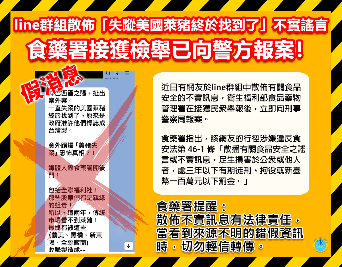 近日網傳「一直失蹤的萊豬終於找到了，政府准許他們標誌成台灣製」的傳聞，食藥署表示此為不實謠言，已依散佈錯假訊息向警方報案。 圖：食藥署／提供