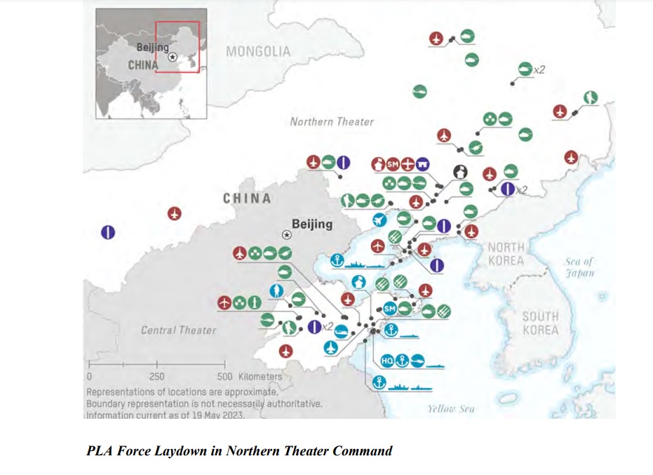 美國公布的2023「中國軍力報告」中，顯示出解放軍北部戰區兵力部署。 圖：翻攝自中國軍力報告