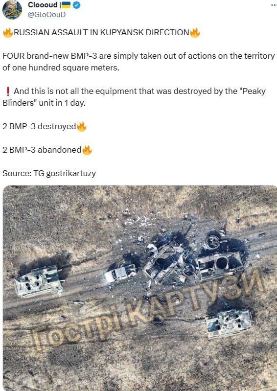 為攻陷庫皮揚斯克，俄軍出動了 4 輛 BMP-3 戰車，但最後結果是，2 輛戰車被摧毀，2 輛戰車被遺棄。 圖：翻攝自 Cloooud X（前推特）帳號