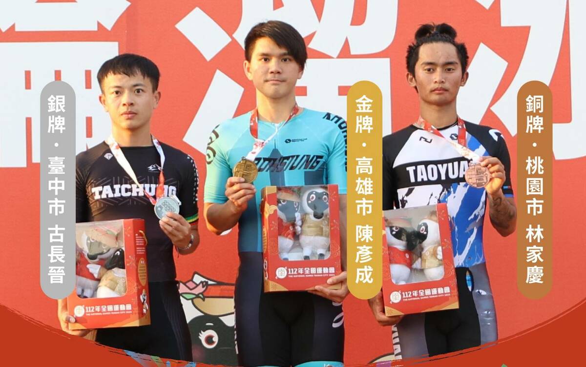 陳彥成(中)勇奪滑輪溜冰男子組1萬公尺計點淘汰賽金牌。 圖：摘自112年全國運動會在台南臉書粉絲頁