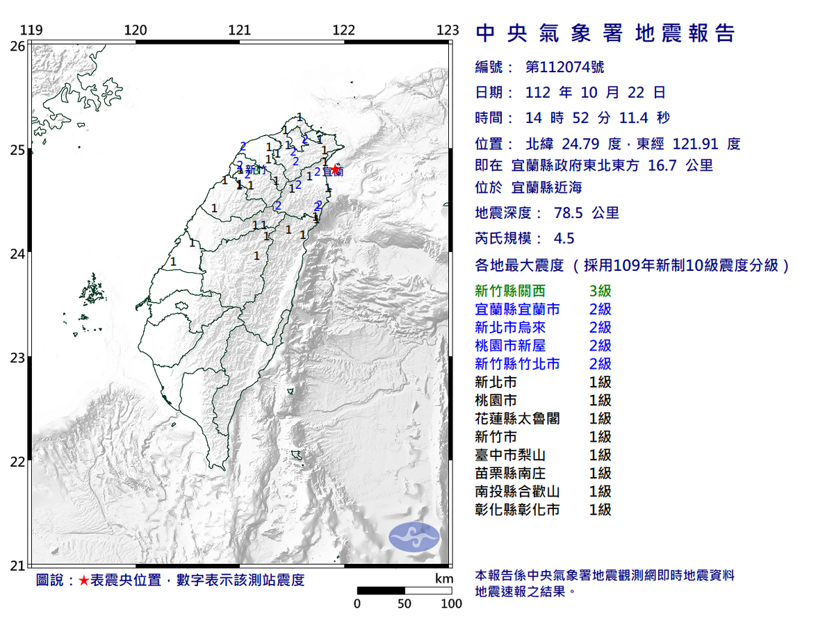 今(22)日14時52分宜蘭突然發生芮氏規模4.5的地震，北台灣有感。 圖：翻攝自中央氣象署官網