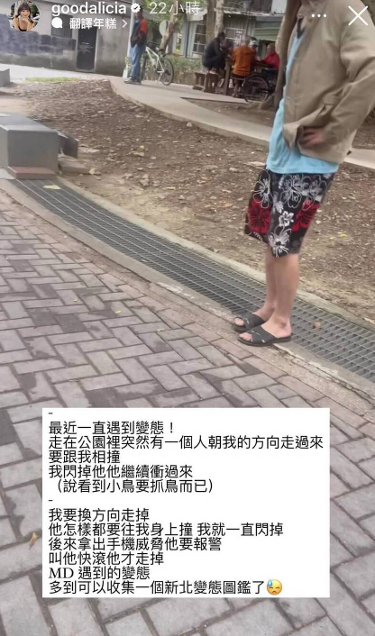 愛莉莎莎分享她日前在公園遇到一名陌生男子，一邊說著「看到小鳥要抓鳥」，一邊朝她衝撞。 圖：翻攝自愛莉莎莎IG