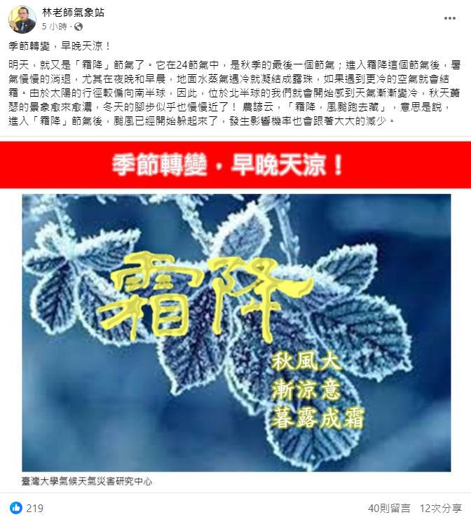 《林老師氣象站》表示，明天將進入霜降，之後暑氣會慢慢的消退，冬天的腳步慢慢近了，颱風發生影響機率也會跟著大大的減少。 圖：取自林老師氣象站