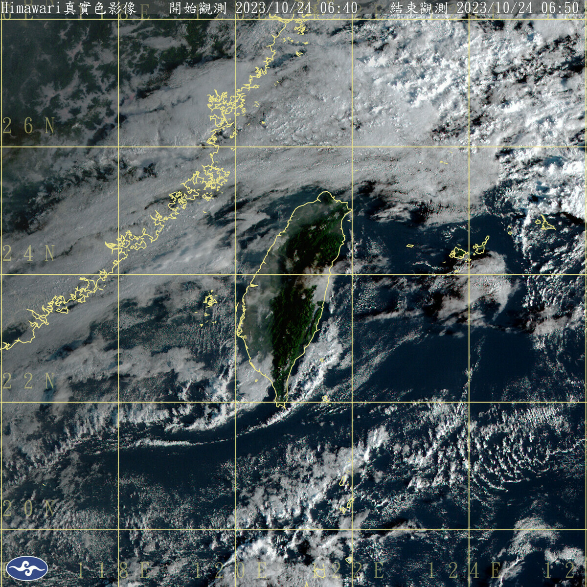 今天全台各地包括澎湖、金門、馬祖為多雲到晴，只有基隆北海岸與東半部地區將有零星短暫雨。 圖：中央氣象署／提供