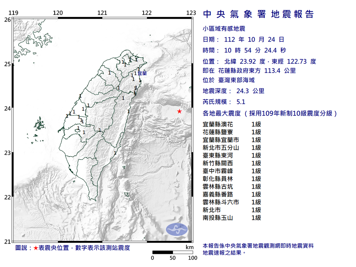 今日10時54分又發生一起規模5.1的地震。 圖：取自中央氣象署