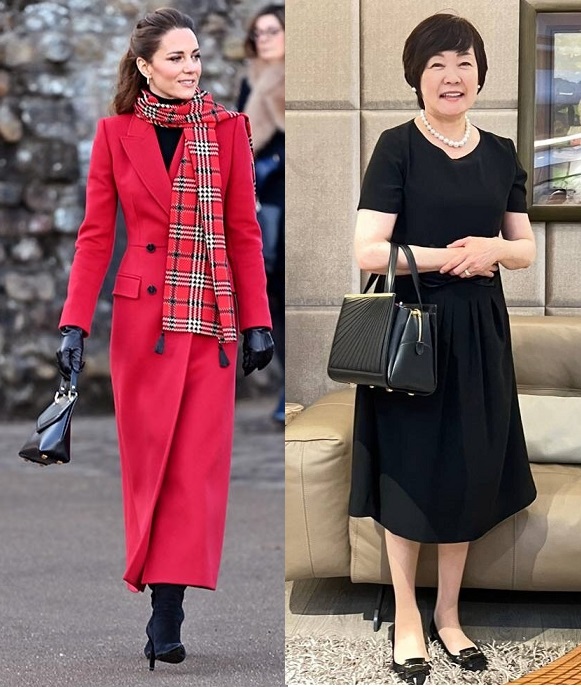 英國凱特王妃（左圖）與日本前首相安倍晉三夫人安倍昭惠（右圖），都是王永慶的孫女王思涵創立品牌包包的愛用者。 圖：翻攝自Grace Han臉書／新頭殼合成