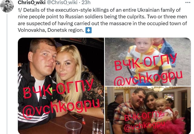 烏克蘭近期發生一起悲劇，一個 9 口的家庭，被俄軍殘忍殺害。 圖：翻攝自 ChrisO_wiki X（前推特）帳號