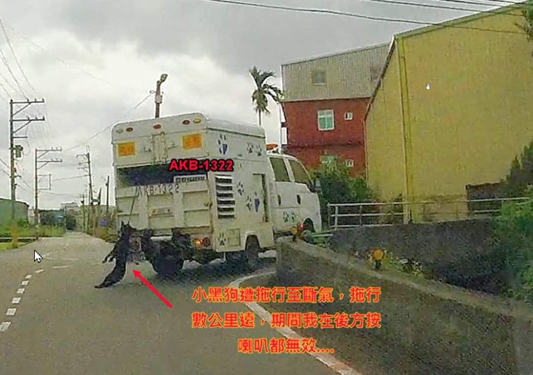 民眾開車驚見黑狗遭大車吊掛拖行數公里，按喇叭警示也不見回應。 圖：翻攝「桃園在地生活大小事」