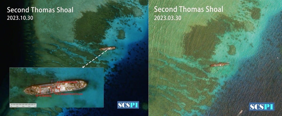 中國智庫「南海戰略態勢感知計劃平台」(SCSPI)以3月30日衛星圖對比，但船隻畫面太遠清晰度欠佳，很難佐證所謂3處建物設施論點。 圖：翻攝「X」@SCS_PI