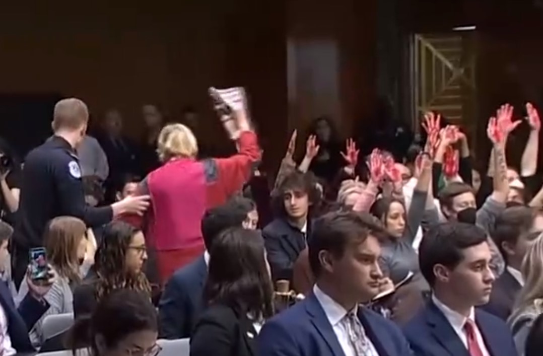 抗議者們以高舉染紅的雙手方式，抗議美國支持以色列的態度。 圖：翻攝自海客新聞