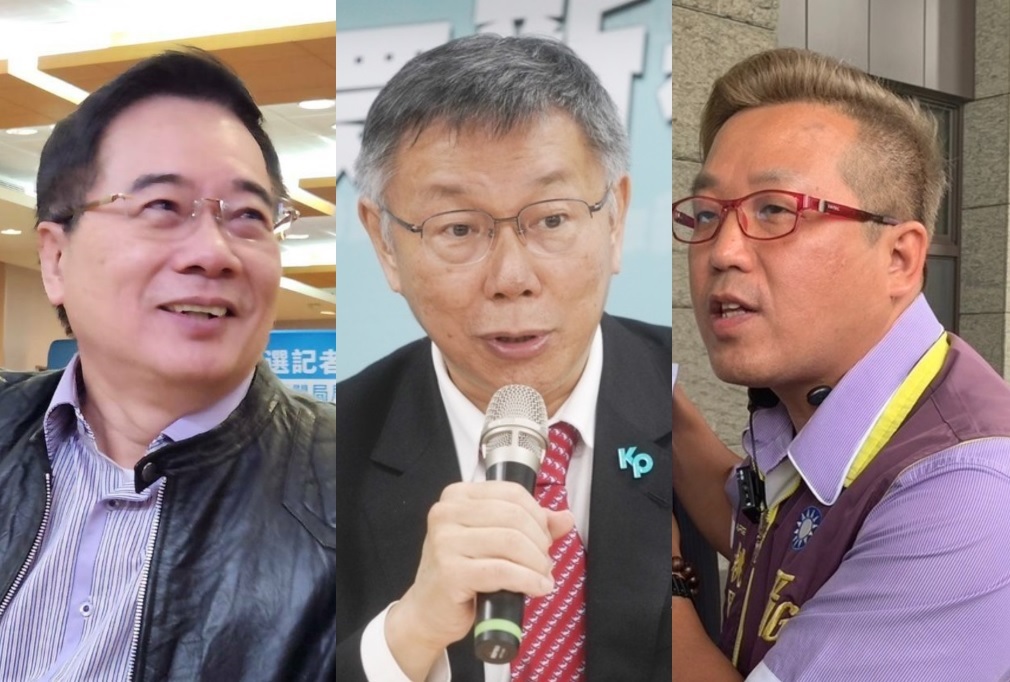 前國民黨立委蔡正元（左一）與國民黨桃園市議員黃敬平（右一）為了民眾黨總統參選人柯文哲唇槍舌戰。 圖：黃建豪、張良一 / 攝