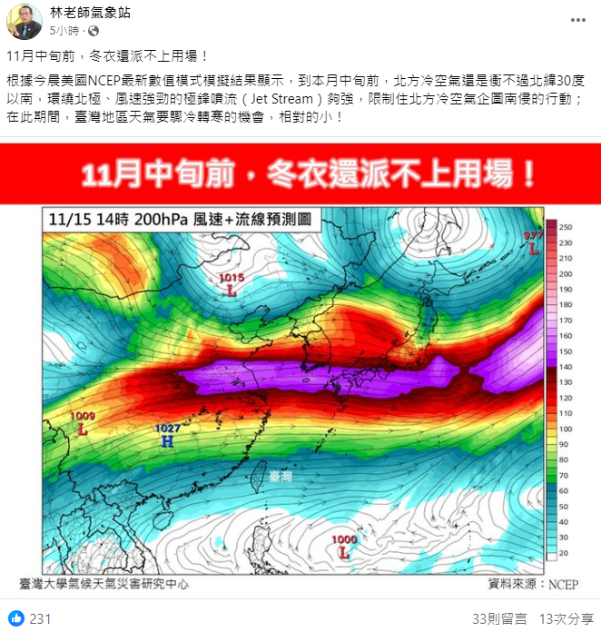 《林老師氣象站》指出，北方冷空氣還是衝不過北緯30度以南，因此11月中前台灣天氣要驟冷轉寒的機會相對的小。 圖：取自《林老師氣象站》