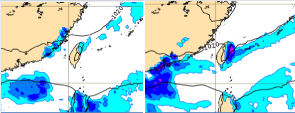 6日20時地面模擬圖顯示，東北風南下、北台灣有少量降雨；7日8時的地面模擬圖則顯示，降雨範圍包括大台北及東半部，東北部有較大雨勢的機率。 圖：翻攝自老大洩天機專欄