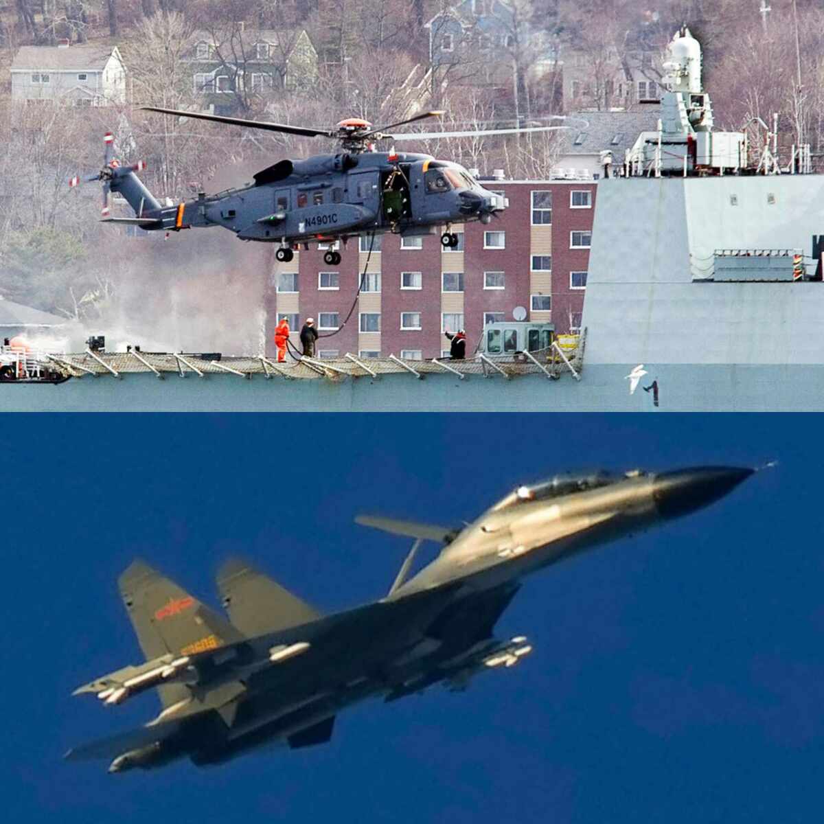 中國軍機殲-11(圖下)在南海向加拿大CH-148「旋風」直升機(圖上)發射照明彈。 圖 : 達志影像/美聯社
