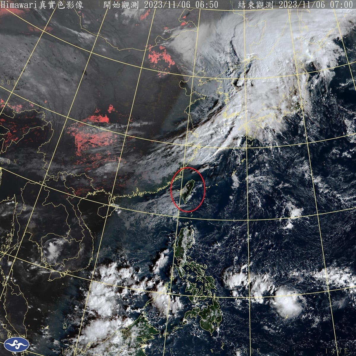 鋒面今天中午將通過北部海面、東北季風增強，北部與東北部天氣將稍微轉涼，其中東北部地區並有局部較大雨勢發生的機率。 圖：中央氣象署／提供