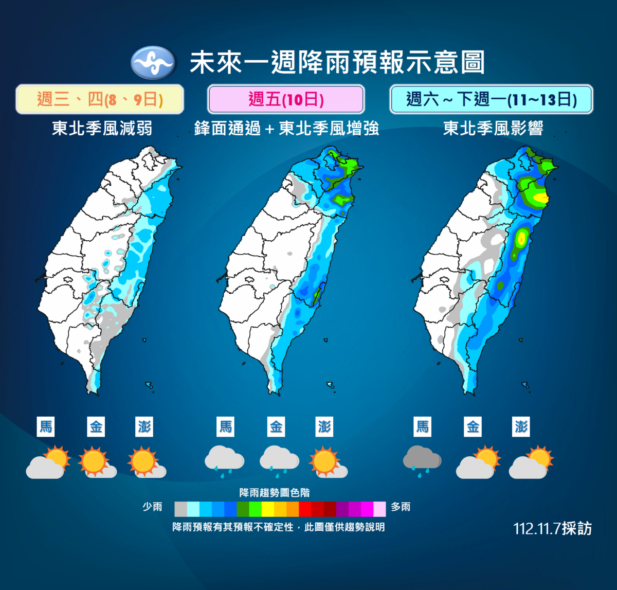 未來一週天降雨預報。 圖：中央氣象署／提供