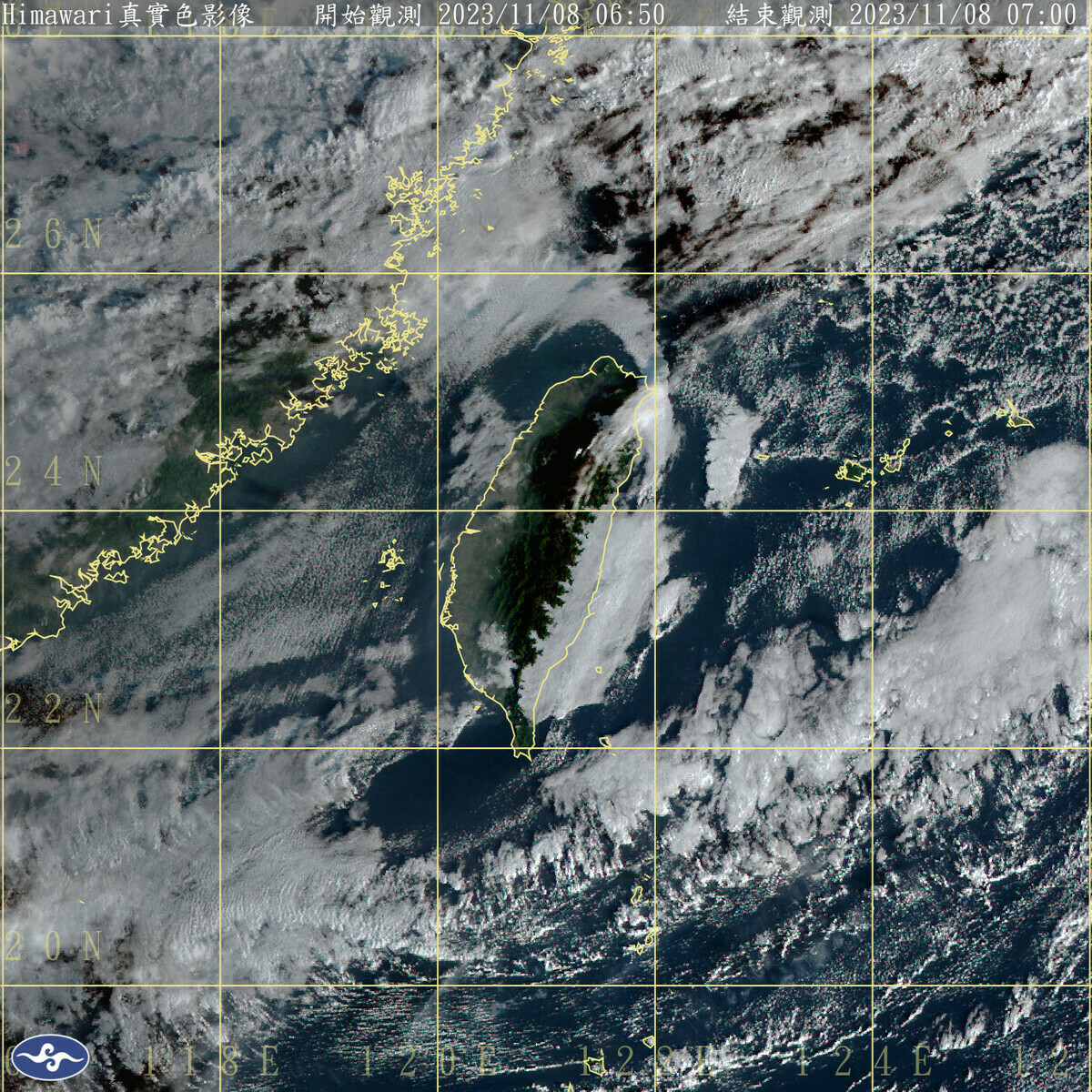 才轉強的東北季風，到了今天又減弱，全台各地包括澎湖、金門、馬祖，大都是多雲到晴天氣，只有東半部地區與恆春半島有零星短暫雨。 圖：中央氣象署／提供