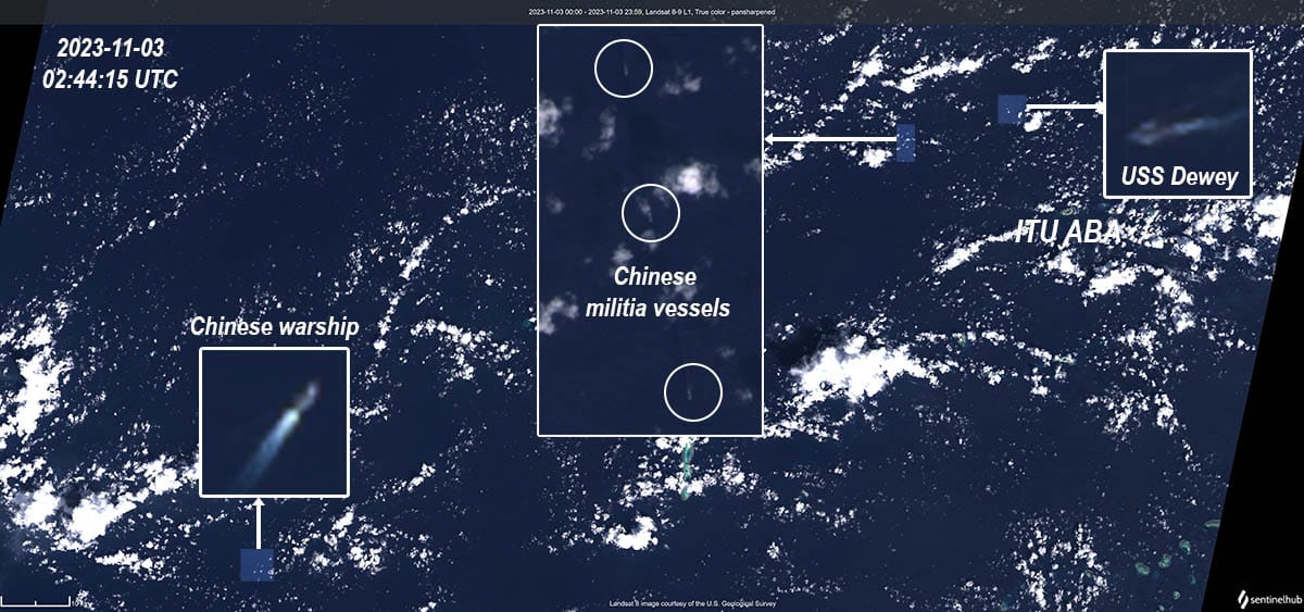 11月3日美中軍艦在台灣擁有管轄權的太平島附近「對峙」衛星影像圖。 圖：翻攝「X」@duandang