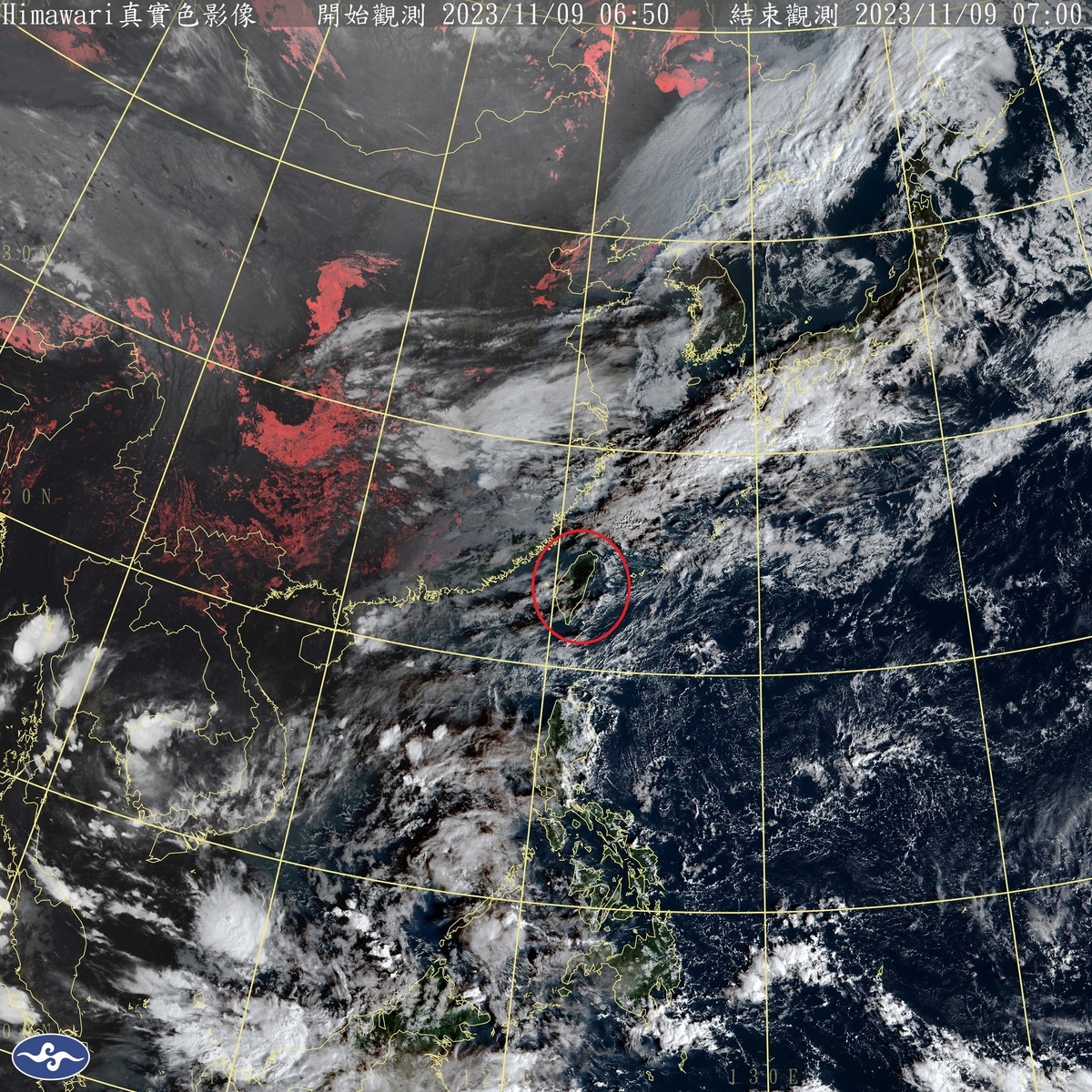 今天全台天氣大致是多雲到晴，只有東南部地區將有局部短暫雨，中國浙江的一道滯留鋒面正朝台灣接近中。 圖：中央氣象署／提供