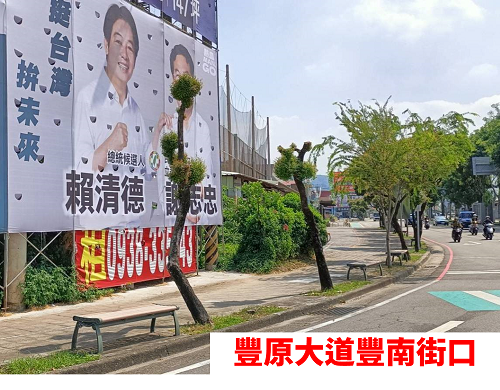 黃健豪反指賴清德的看板前路樹頭都禿了。 黃健豪競總/提供