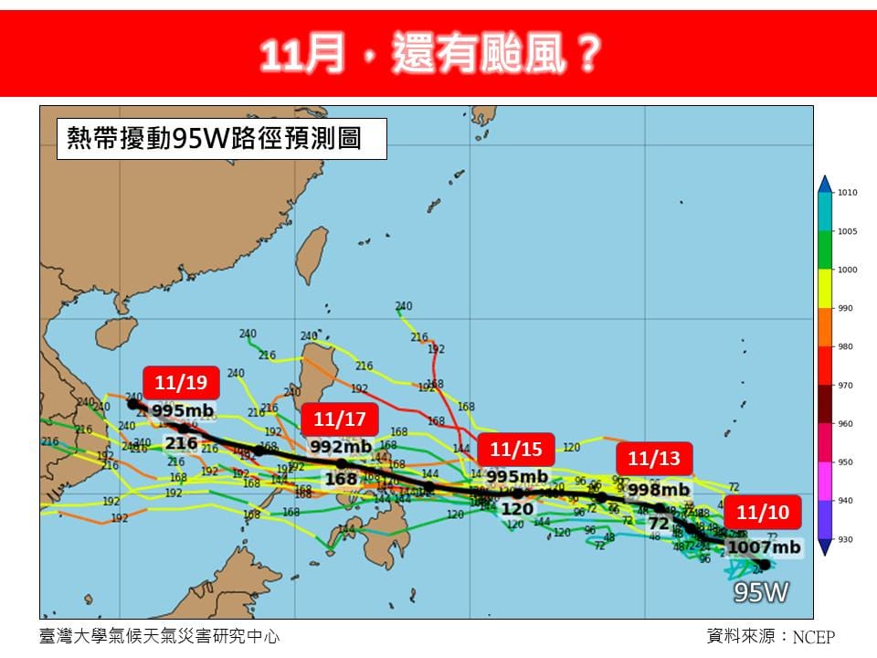 林得恩表示現在於關島附近海域有熱帶擾動95W生成，後續有可能再繼續增強，形成今年第17號颱風「鯉魚」。 圖：翻攝自林老師氣象站FB