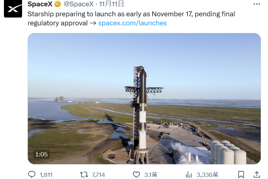 SpaceX宣布，史上最大火箭星艦最快11月17日再次試射。 圖片來源/SpaceX