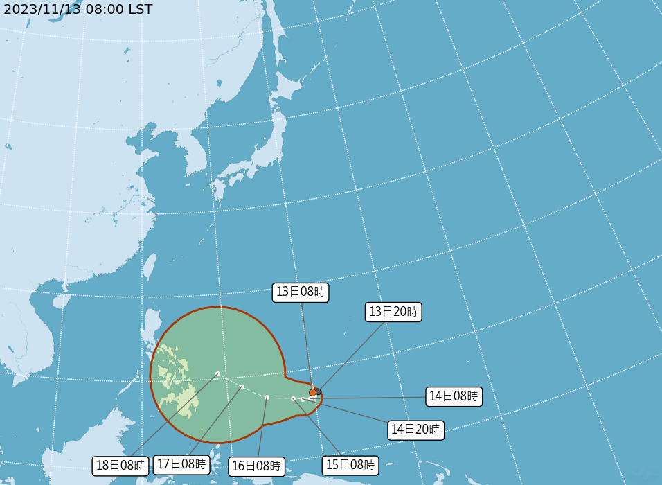 今(13)日凌晨有一熱帶性低氣壓TD19生成，根據中央氣象署路徑潛勢預報圖顯示，距離台灣遙遠。 圖：翻攝自中央氣象署官網