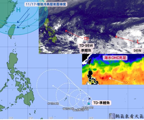 臉書粉專觀氣象看天氣表示，週末可能會間接增強冷高壓在台灣周邊的氣壓梯度，使冷空氣威力增加。 圖：翻攝自觀氣象看天氣臉書