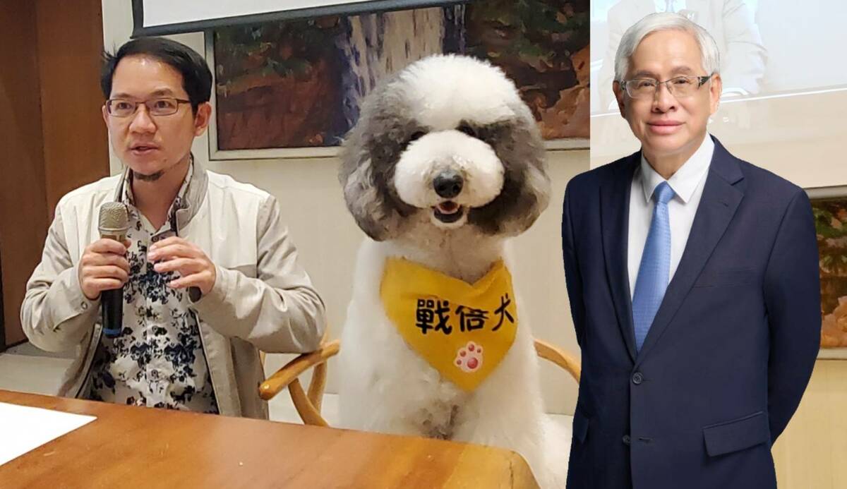 郭倍宏(右)出動吸睛的「戰倍犬」(中)，林于凱(左)代提「友善寵物」三政見主張。.  圖：郭倍宏競總/提供