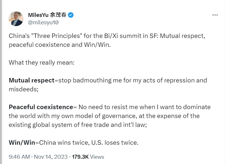 美國國務卿的中國政策規劃前首席顧問余茂春，解析中國在拜習會前提出的3原則，直曝中國野心。 圖：翻攝自余茂春推特