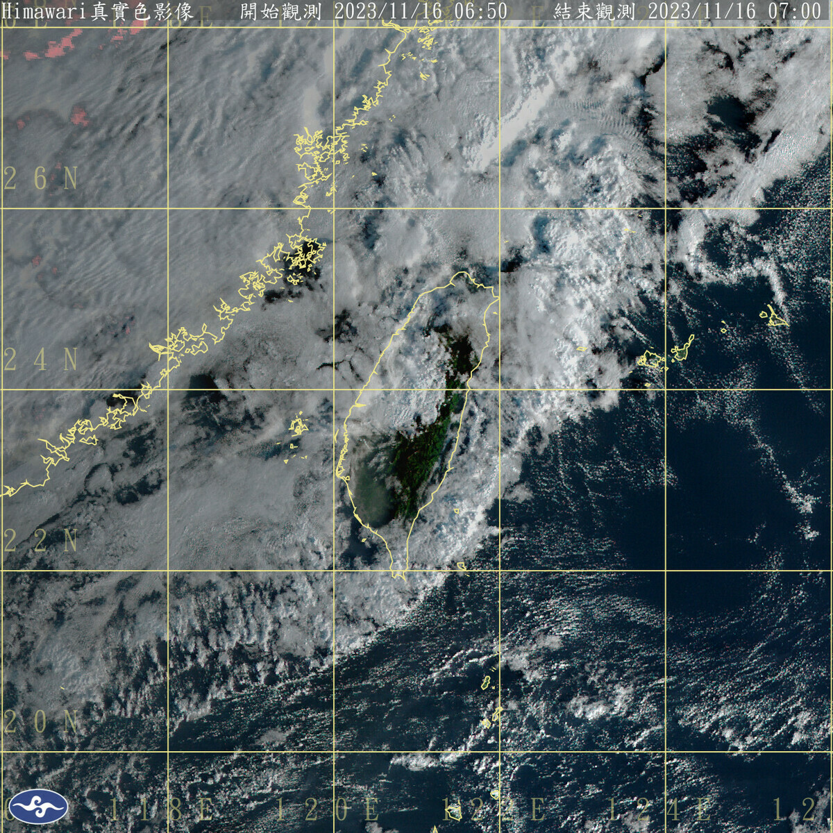 鋒面今天將通過台灣，各地轉為偶雨或多雲天氣；晚間將有大陸冷氣團接力逼近，原本濕氣較重的環境將逐漸轉為乾冷。 圖：中央氣象署／提供