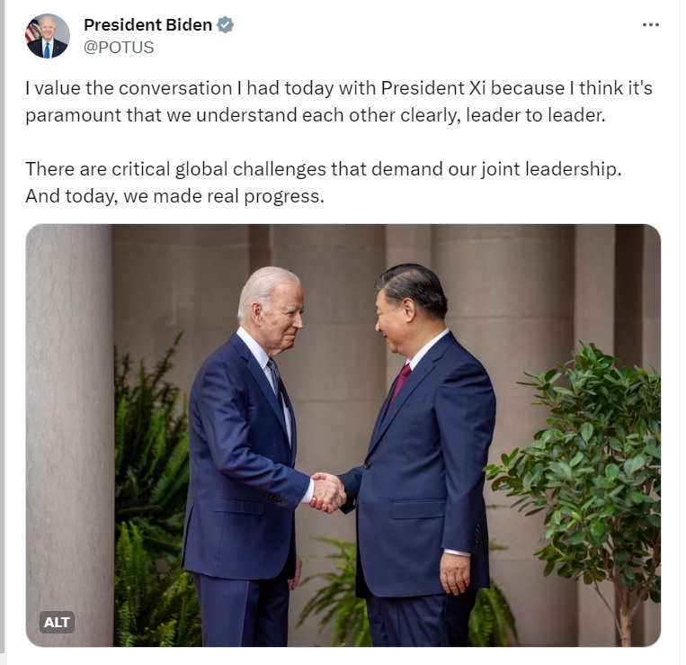 去年拜習會後，美國總統拜登（左）隨即發推文表示「取得了真正的進展」。 圖：翻攝自拜登推特