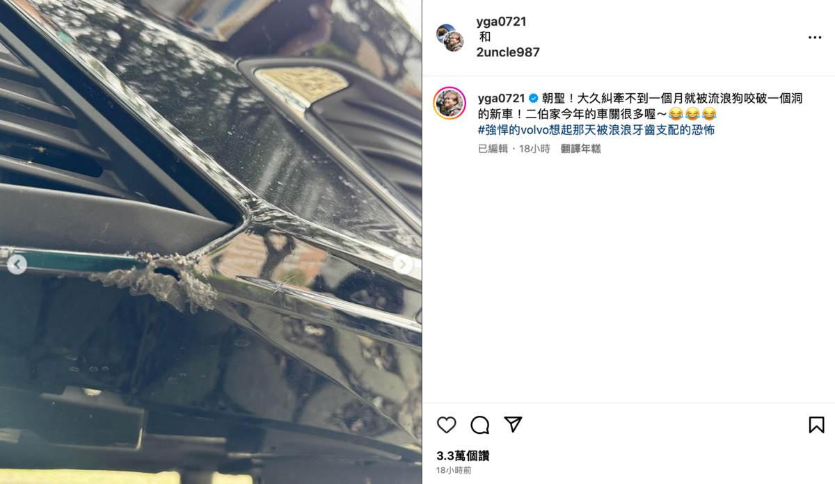 照片中清楚可見，車子保險桿的位置破了一個大洞。 圖：翻攝自IG＠yga0721