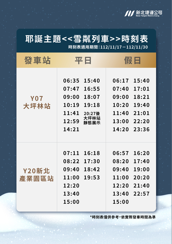 環狀線耶誕列車時刻表。 圖： 新北捷運公司／提供