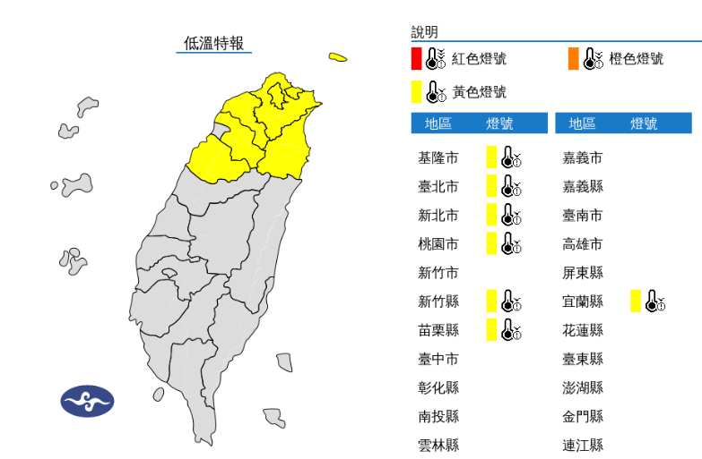 氣象署發布低溫特報，新北市、基隆市、台北市、桃園市、新竹縣、苗栗縣、宜蘭縣有10度以下氣溫發生的機率。 圖片來源/氣象署