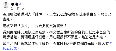 針對黃珊珊嗆國民黨是「胖虎」，凌濤反嗆「難道她是大雄？是要把柯文哲害死？」 圖：翻攝自凌濤臉書