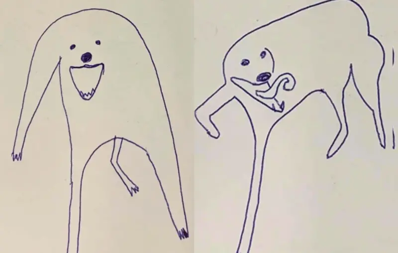 ▲國外一名插畫家快速畫下家中狗狗爆笑時刻，結果原本以為是隨便亂畫，沒想到照片中狗狗真的長這樣，笑翻不少人。 (圖/臉書粉專＠Flat Dog Doodles)