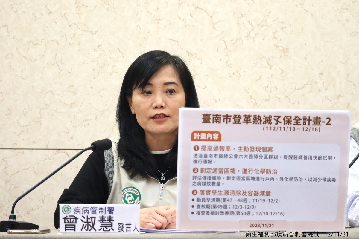 疾管署副署長曾淑慧今(21)日表示，目前整體疫情處於下降階段，仍是流行期，因此將在台南市啟動「滅孓保全計畫」，期望使疫情終結。 圖：疾管署／提供