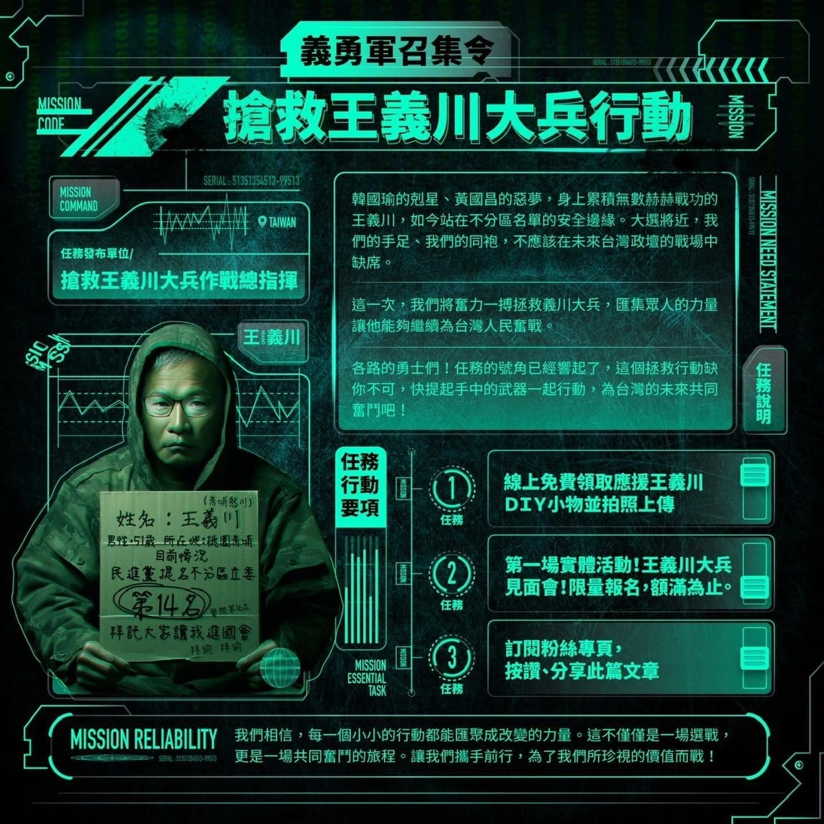 李正皓說明，預計在12月2號禮拜六的上午就會在台北市Corner House舉辦「搶救王義川大兵」粉絲見面會，過去長期生產製作T-shirt及網路圖文的共同發起人「惡骨」也將陸續設計應援周邊，李正皓邀請大家立即到專頁按讚鎖定所有活動及應援訊息。