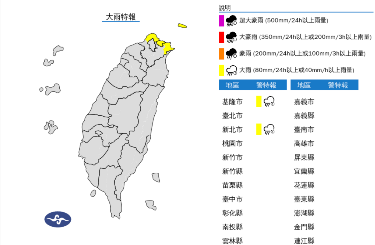 東北季風影響，氣象署發布大雨特報，今(26)日基隆北海岸有局部大雨發生的機率。 圖片來源/氣象署