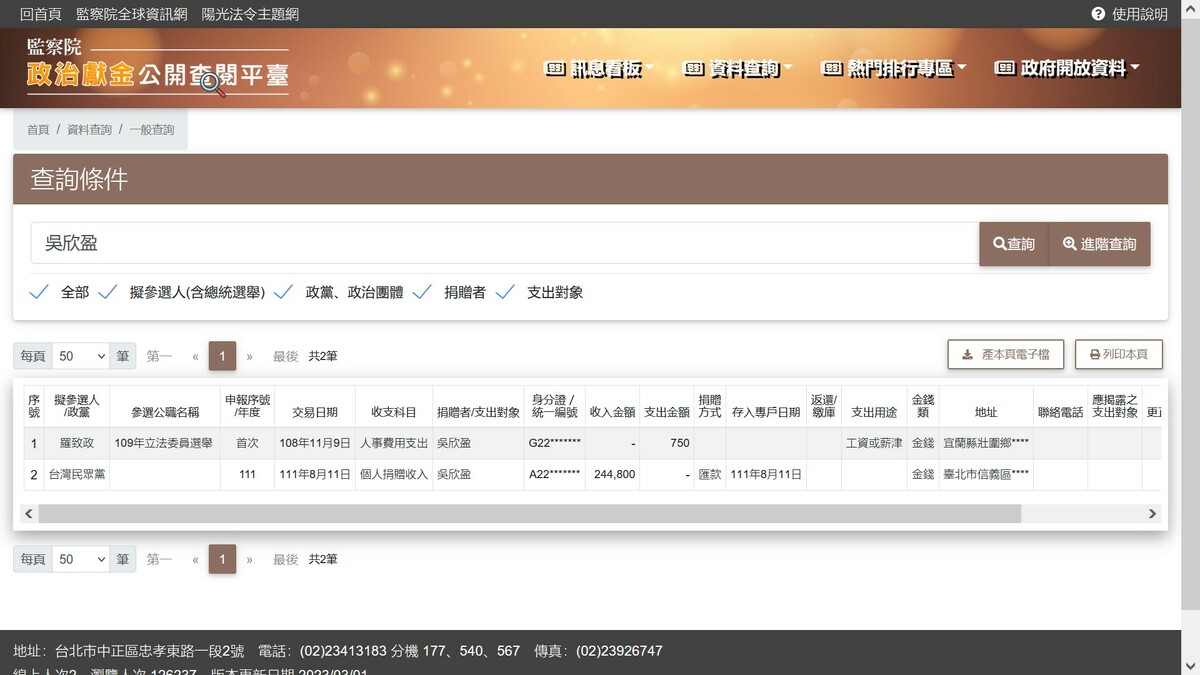 查閱監察院政治獻金資料顯示，民眾黨副總統候選人吳欣盈接任立委前，2022年8月11日曾捐贈一筆24萬4800元的款項給民眾黨。 圖：翻攝網頁