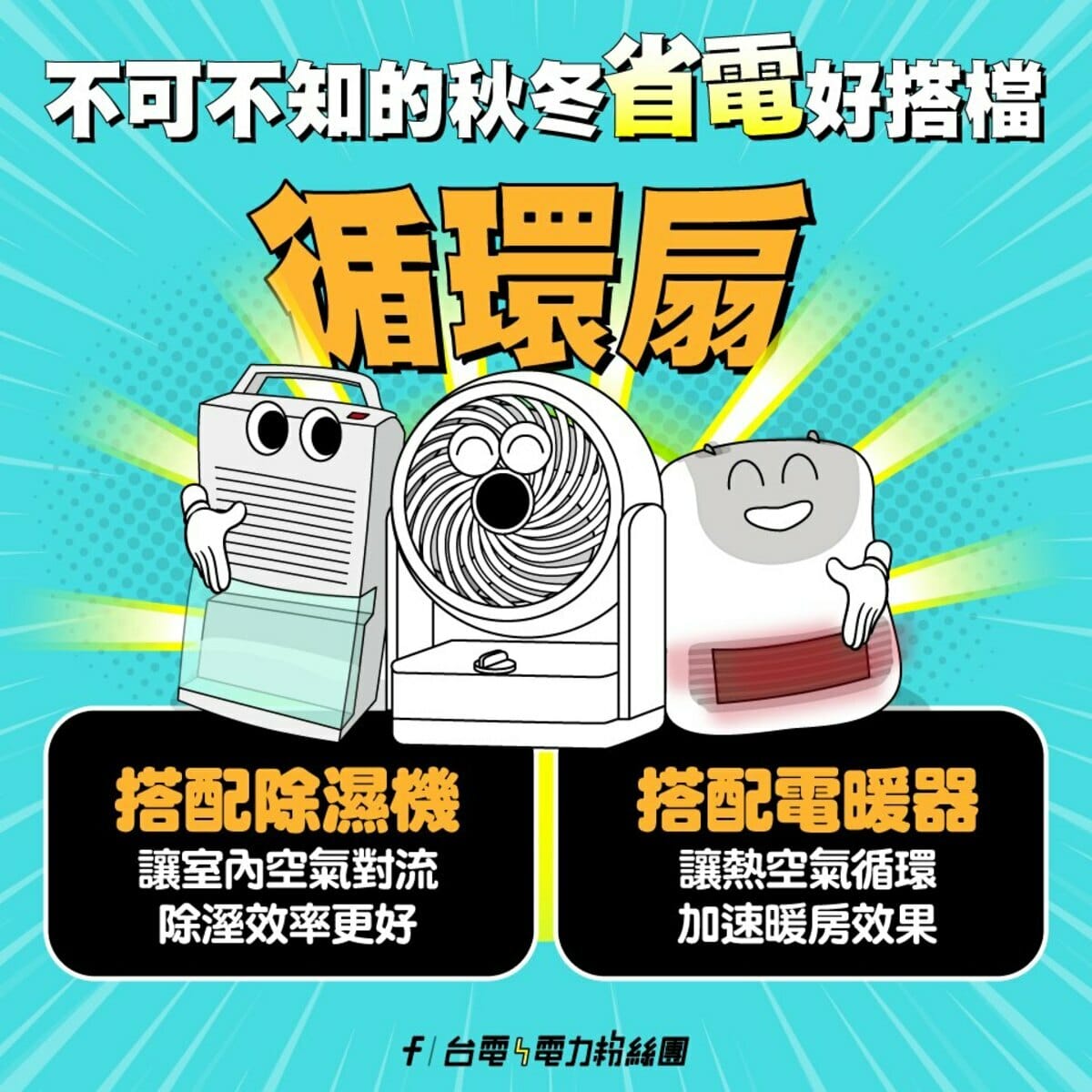 台電表示，循環扇和電風扇雖然相似，但扇葉及設計不同，循環扇可以集中風力，適合用來帶動室內空氣流通。 圖：取自台電電力粉絲團