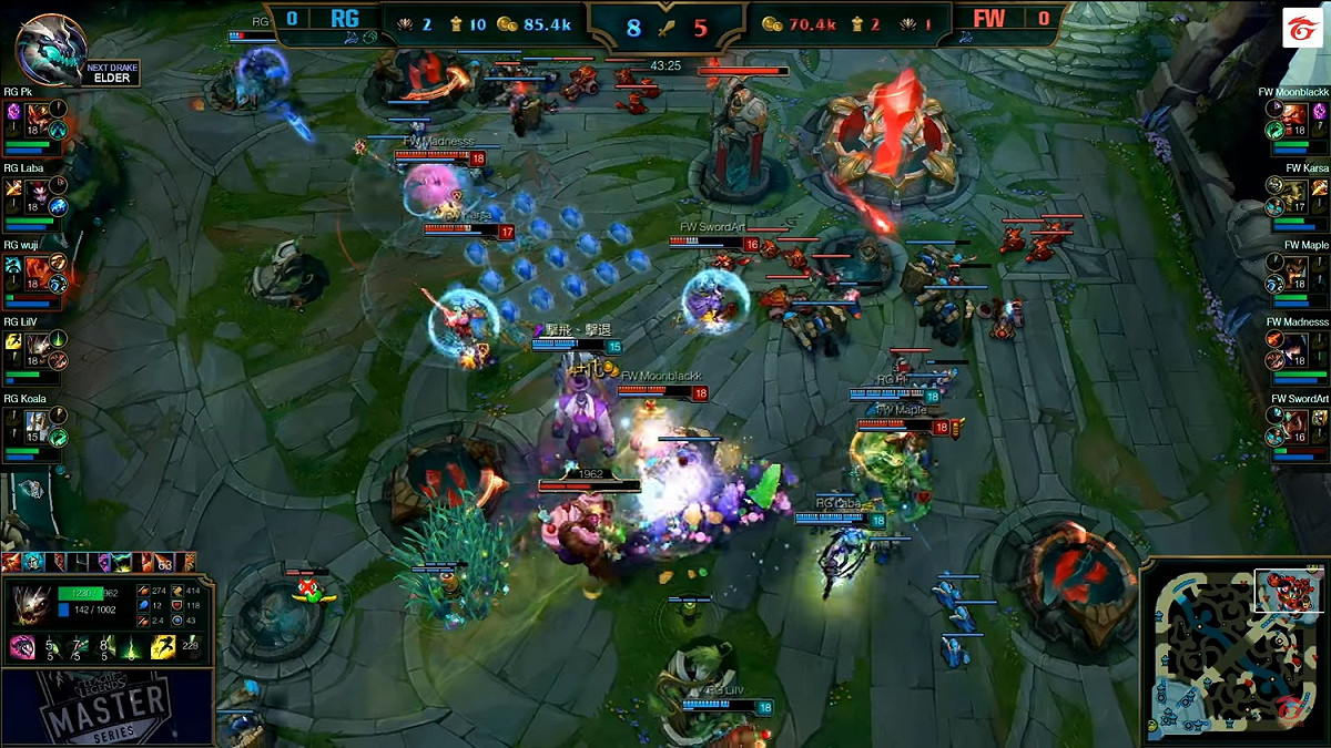 RG不疾不徐地採用分推策略，拿下了第一局的勝利。 圖：翻攝自 Garena eSports YouTube 頻道