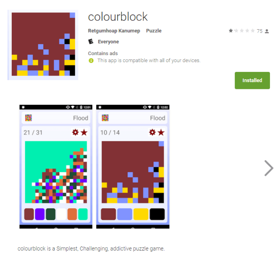 木馬藉由偽裝成遊戲「colourblock」，誘騙使用者下載，並利用更新的方式讓手機中毒。 圖：翻攝自卡巴斯基實驗室